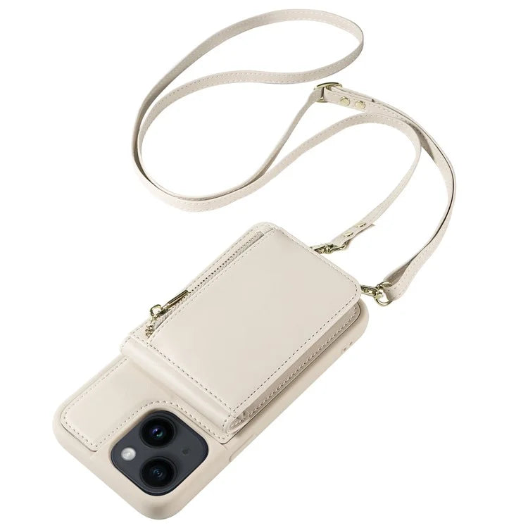 For iPhone 14 Wallet Case RFID Blocking PU+TPU Kickstand Phone Cover with Straps
