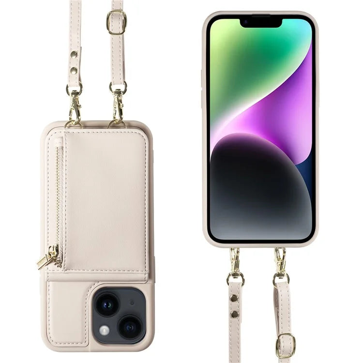 For iPhone 14 Wallet Case RFID Blocking PU+TPU Kickstand Phone Cover with Straps
