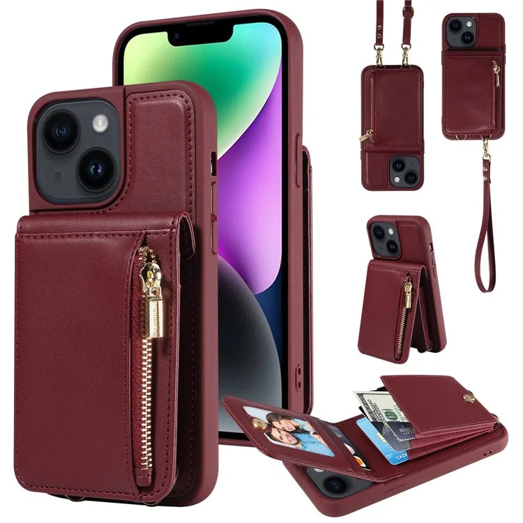 For iPhone 14 Wallet Case RFID Blocking PU+TPU Kickstand Phone Cover with Straps