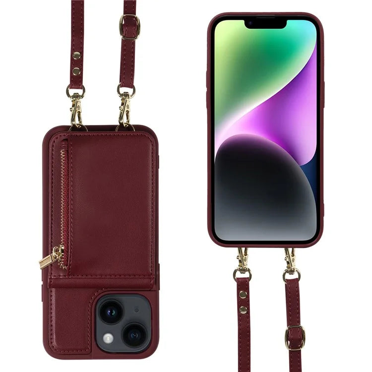 For iPhone 14 Wallet Case RFID Blocking PU+TPU Kickstand Phone Cover with Straps