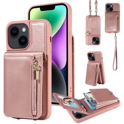 For iPhone 14 Wallet Case RFID Blocking PU+TPU Kickstand Phone Cover with Straps