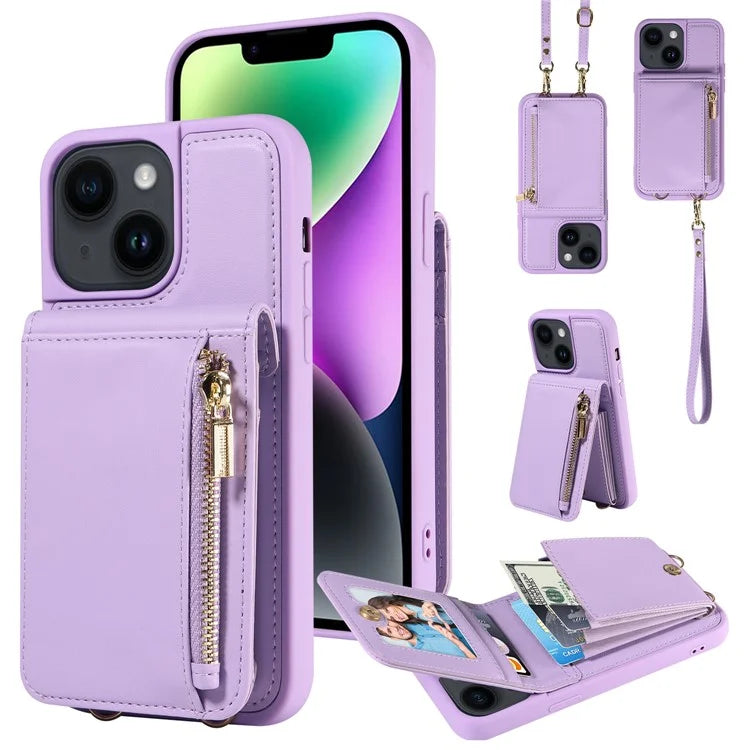 For iPhone 14 Wallet Case RFID Blocking PU+TPU Kickstand Phone Cover with Straps