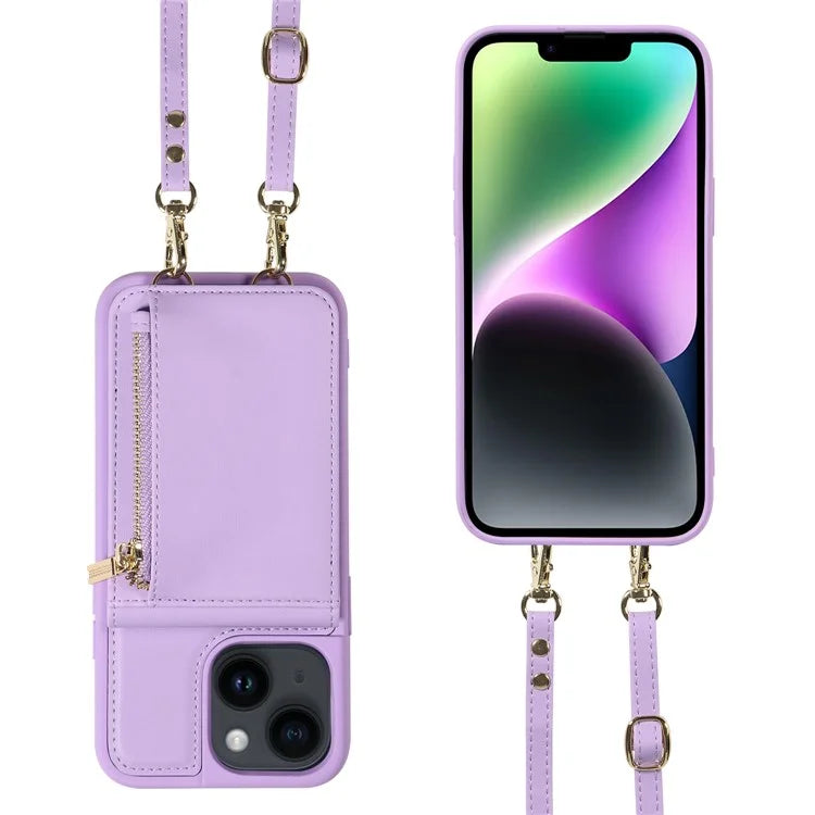 For iPhone 14 Wallet Case RFID Blocking PU+TPU Kickstand Phone Cover with Straps