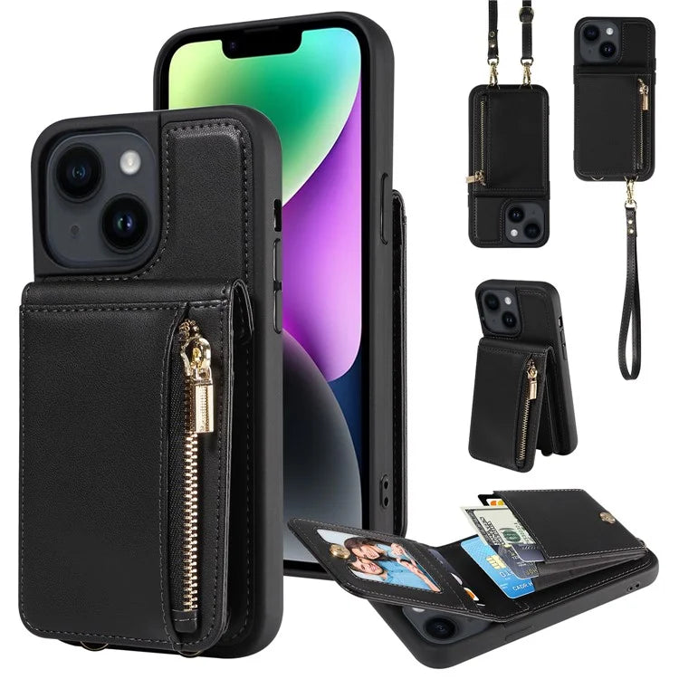 For iPhone 14 Wallet Case RFID Blocking PU+TPU Kickstand Phone Cover with Straps