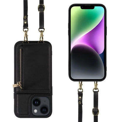 For iPhone 14 Wallet Case RFID Blocking PU+TPU Kickstand Phone Cover with Straps