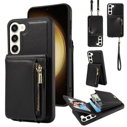 For Samsung Galaxy S23 RFID Blocking Case PU+TPU Kickstand Phone Cover with Wallet, Straps