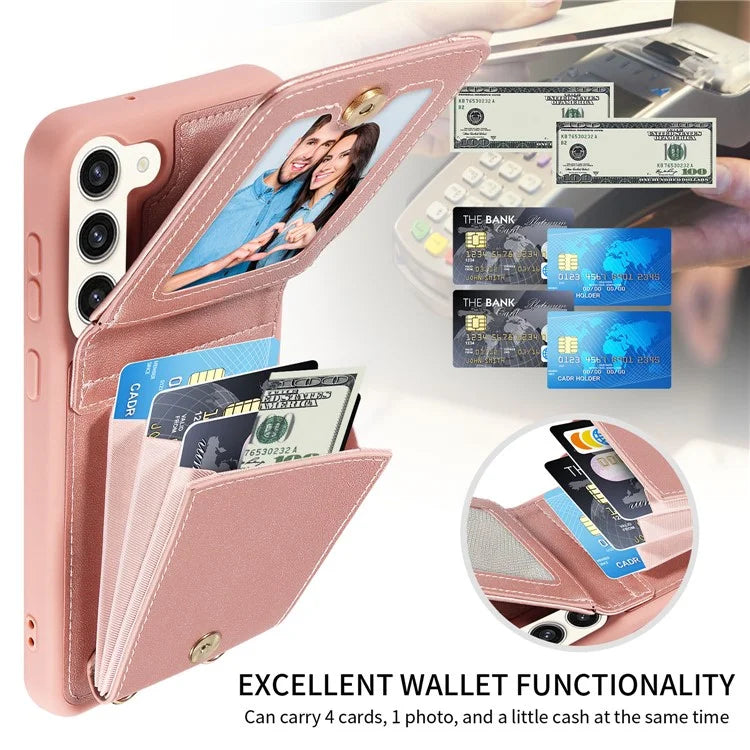 For Samsung Galaxy S23 RFID Blocking Case PU+TPU Kickstand Phone Cover with Wallet, Straps