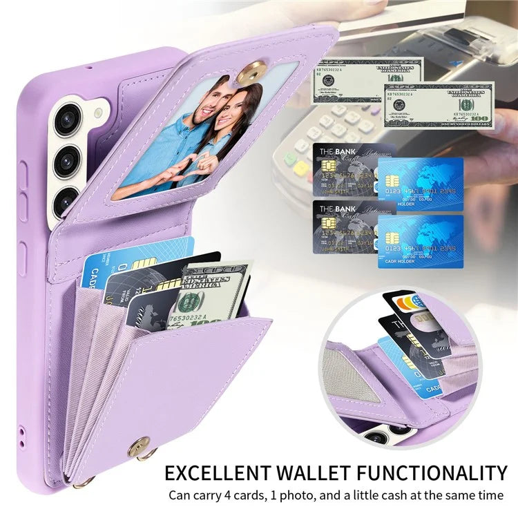 For Samsung Galaxy S23 RFID Blocking Case PU+TPU Kickstand Phone Cover with Wallet, Straps