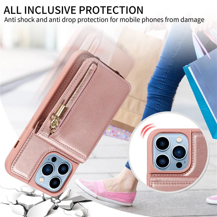 For iPhone 13 Pro Max 6.7 inch Shockproof Case RFID Blocking PU+TPU Wallet Phone Cover with Kickstand