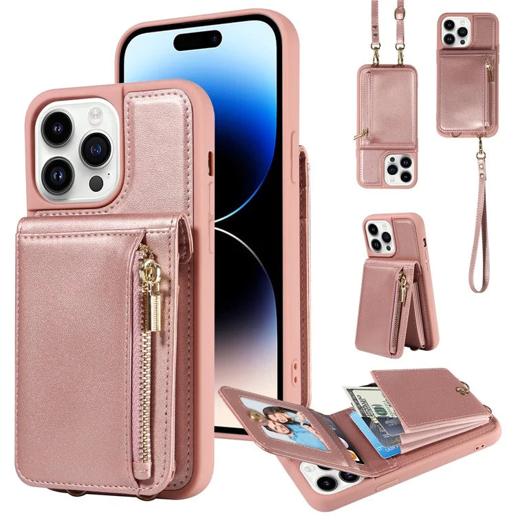 For iPhone 14 Pro Wallet Case RFID Blocking PU+TPU Kickstand Phone Protector with Straps