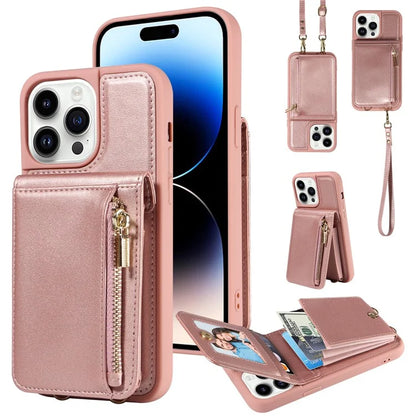 For iPhone 14 Pro Wallet Case RFID Blocking PU+TPU Kickstand Phone Protector with Straps