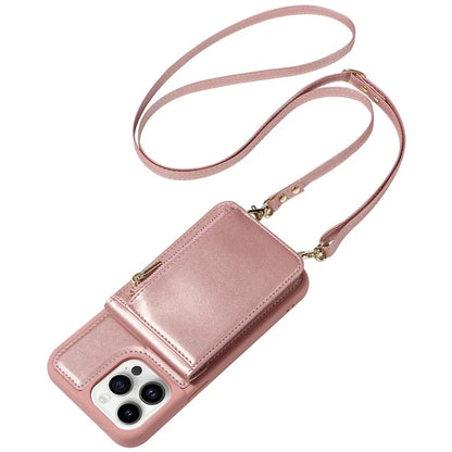 For iPhone 14 Pro Wallet Case RFID Blocking PU+TPU Kickstand Phone Protector with Straps