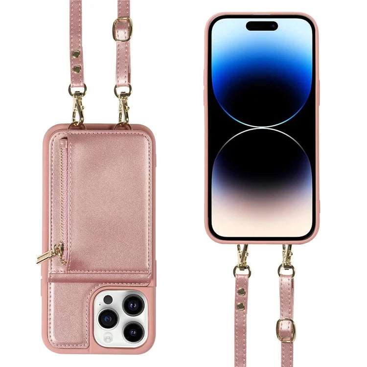 For iPhone 14 Pro Wallet Case RFID Blocking PU+TPU Kickstand Phone Protector with Straps