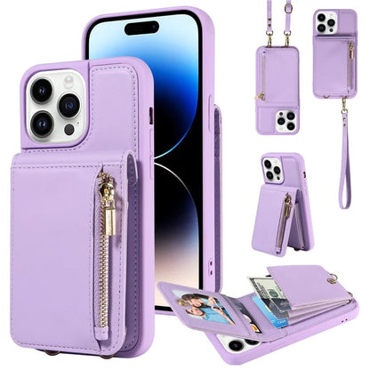 For iPhone 14 Pro Wallet Case RFID Blocking PU+TPU Kickstand Phone Protector with Straps