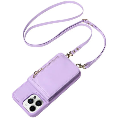 For iPhone 14 Pro Wallet Case RFID Blocking PU+TPU Kickstand Phone Protector with Straps