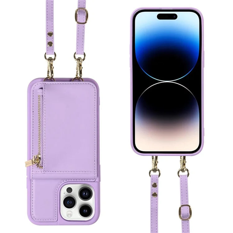 For iPhone 14 Pro Wallet Case RFID Blocking PU+TPU Kickstand Phone Protector with Straps