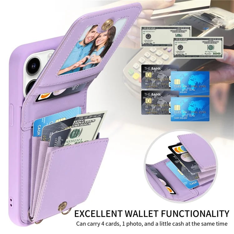 For iPhone 14 Pro Wallet Case RFID Blocking PU+TPU Kickstand Phone Protector with Straps