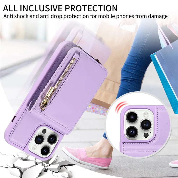 For iPhone 14 Pro Wallet Case RFID Blocking PU+TPU Kickstand Phone Protector with Straps