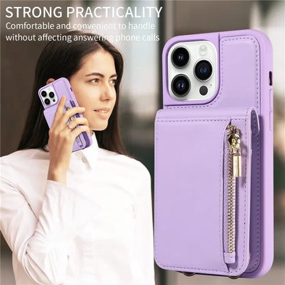 For iPhone 14 Pro Wallet Case RFID Blocking PU+TPU Kickstand Phone Protector with Straps