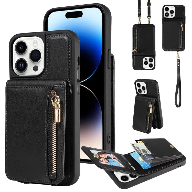 For iPhone 14 Pro Wallet Case RFID Blocking PU+TPU Kickstand Phone Protector with Straps
