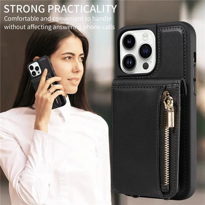 For iPhone 14 Pro Wallet Case RFID Blocking PU+TPU Kickstand Phone Protector with Straps