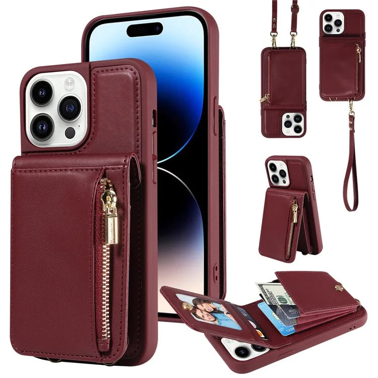 For iPhone 14 Pro Wallet Case RFID Blocking PU+TPU Kickstand Phone Protector with Straps