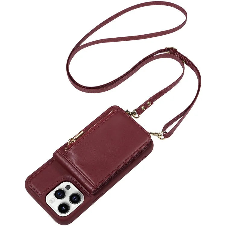 For iPhone 14 Pro Wallet Case RFID Blocking PU+TPU Kickstand Phone Protector with Straps