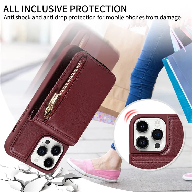 For iPhone 14 Pro Wallet Case RFID Blocking PU+TPU Kickstand Phone Protector with Straps