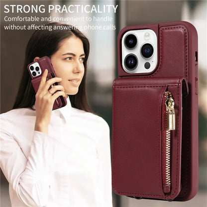 For iPhone 14 Pro Wallet Case RFID Blocking PU+TPU Kickstand Phone Protector with Straps