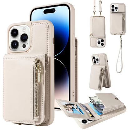 For iPhone 14 Pro Wallet Case RFID Blocking PU+TPU Kickstand Phone Protector with Straps