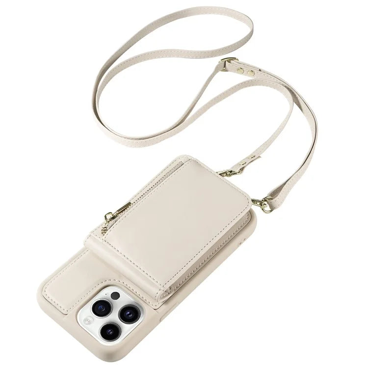 For iPhone 14 Pro Wallet Case RFID Blocking PU+TPU Kickstand Phone Protector with Straps