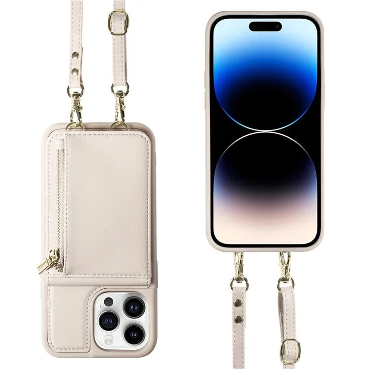 For iPhone 14 Pro Wallet Case RFID Blocking PU+TPU Kickstand Phone Protector with Straps