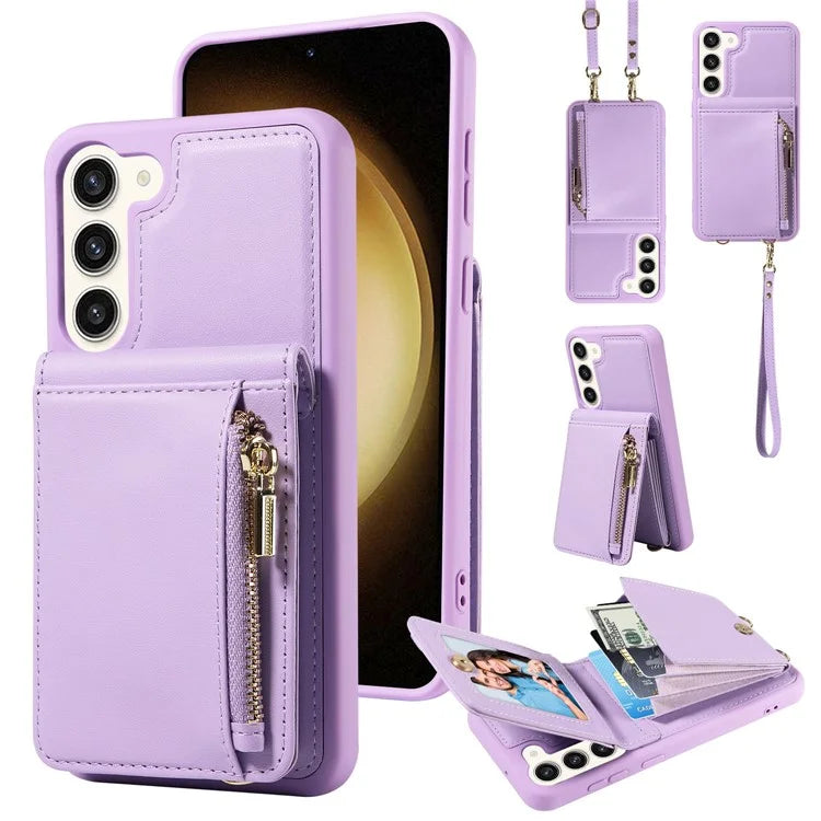 For Samsung Galaxy S23+ Case RFID Blocking PU+TPU Wallet Phone Case with Kickstand, Straps