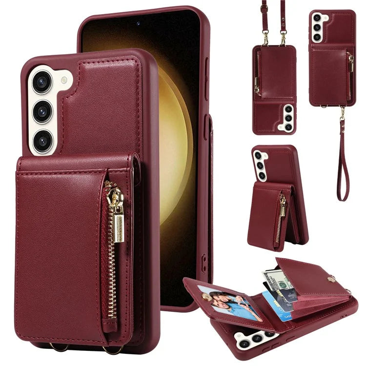 For Samsung Galaxy S23+ Case RFID Blocking PU+TPU Wallet Phone Case with Kickstand, Straps