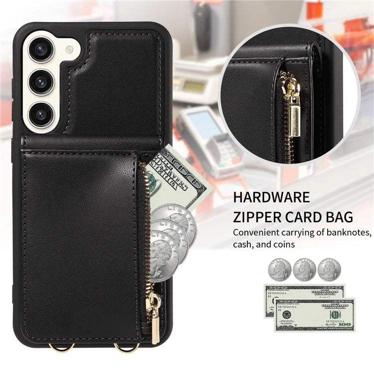 For Samsung Galaxy S23+ Case RFID Blocking PU+TPU Wallet Phone Case with Kickstand, Straps