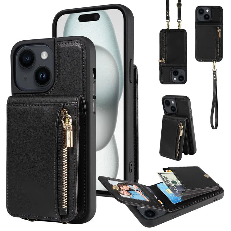 For iPhone 15 Protective Wallet Case RFID Blocking PU+TPU Kickstand Phone Cover with Straps