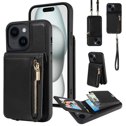 For iPhone 15 Protective Wallet Case RFID Blocking PU+TPU Kickstand Phone Cover with Straps