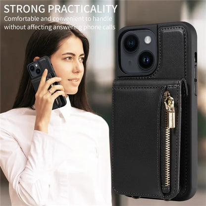 For iPhone 15 Protective Wallet Case RFID Blocking PU+TPU Kickstand Phone Cover with Straps