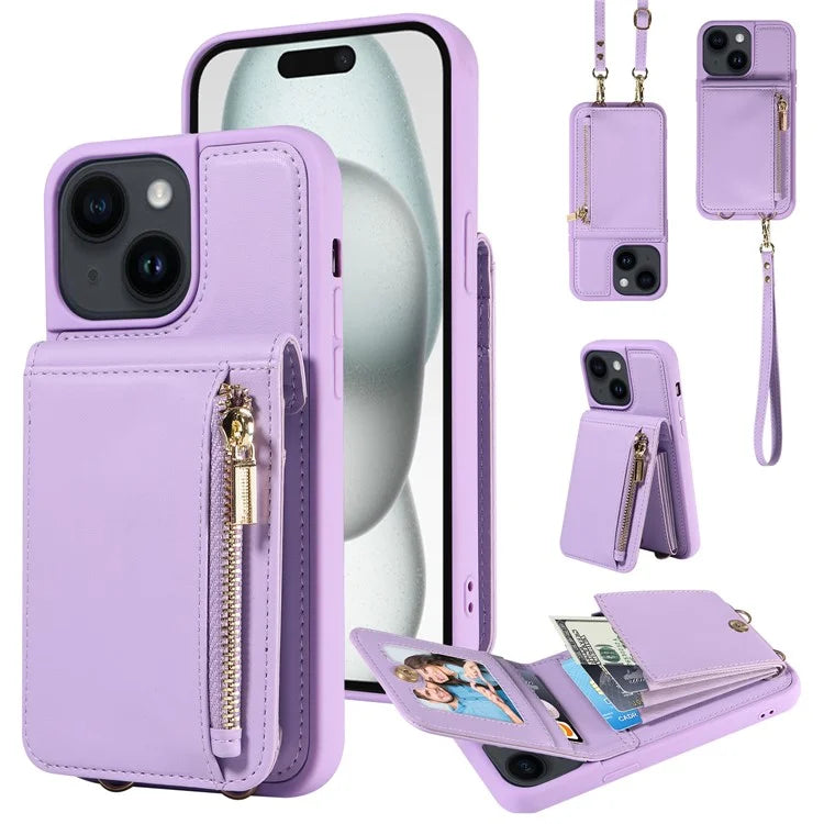 For iPhone 15 Protective Wallet Case RFID Blocking PU+TPU Kickstand Phone Cover with Straps