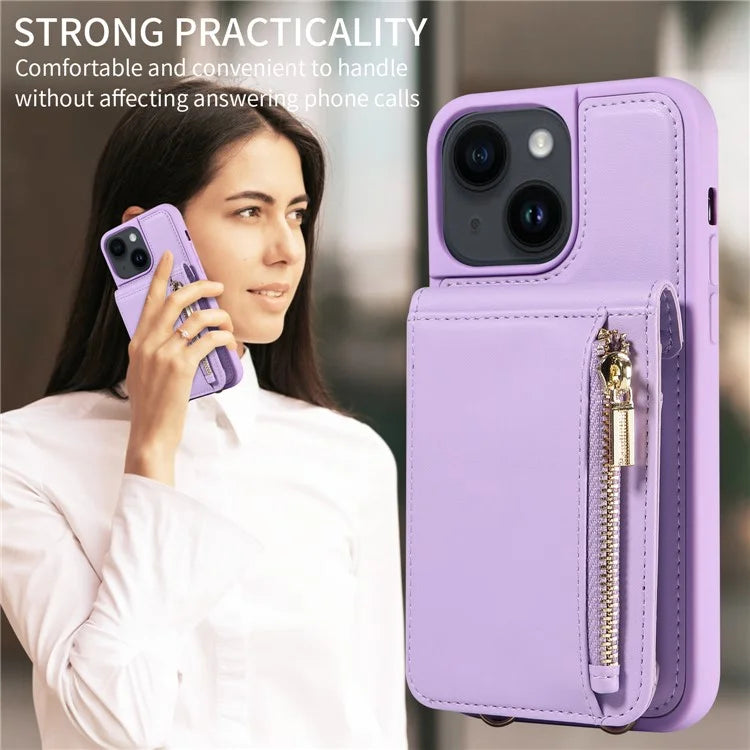 For iPhone 15 Protective Wallet Case RFID Blocking PU+TPU Kickstand Phone Cover with Straps