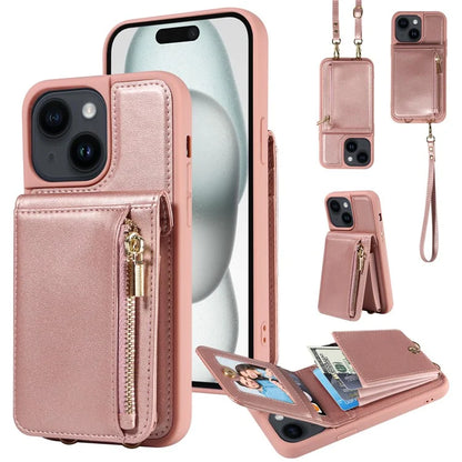 For iPhone 15 Protective Wallet Case RFID Blocking PU+TPU Kickstand Phone Cover with Straps