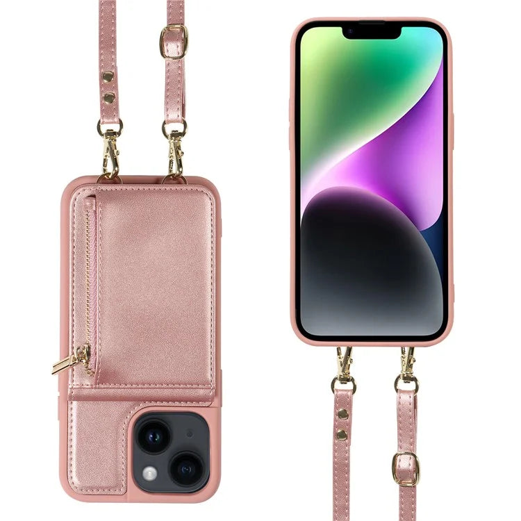 For iPhone 15 Protective Wallet Case RFID Blocking PU+TPU Kickstand Phone Cover with Straps