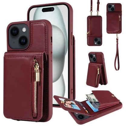 For iPhone 15 Protective Wallet Case RFID Blocking PU+TPU Kickstand Phone Cover with Straps