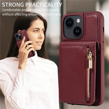 For iPhone 15 Protective Wallet Case RFID Blocking PU+TPU Kickstand Phone Cover with Straps