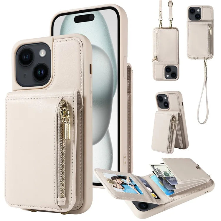 For iPhone 15 Protective Wallet Case RFID Blocking PU+TPU Kickstand Phone Cover with Straps