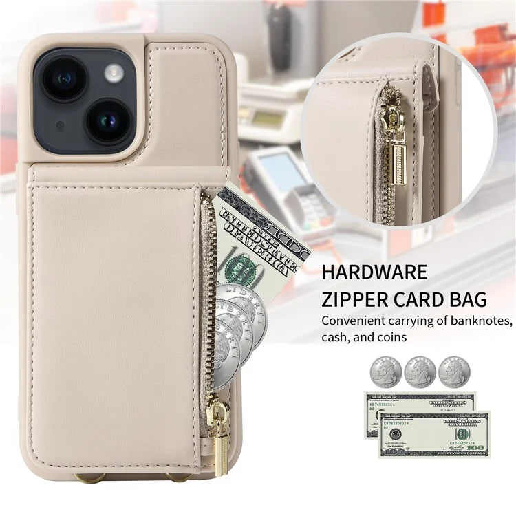 For iPhone 15 Protective Wallet Case RFID Blocking PU+TPU Kickstand Phone Cover with Straps