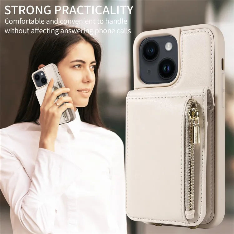 For iPhone 15 Protective Wallet Case RFID Blocking PU+TPU Kickstand Phone Cover with Straps