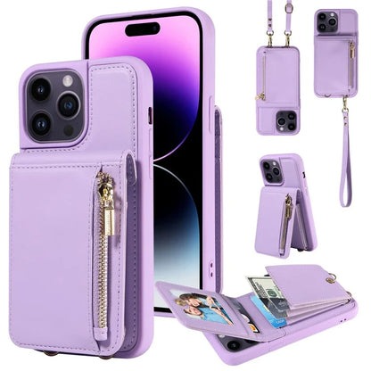 For iPhone 14 Pro Max Case Zipper Kickstand RFID Blocking PU+TPU Phone Cover