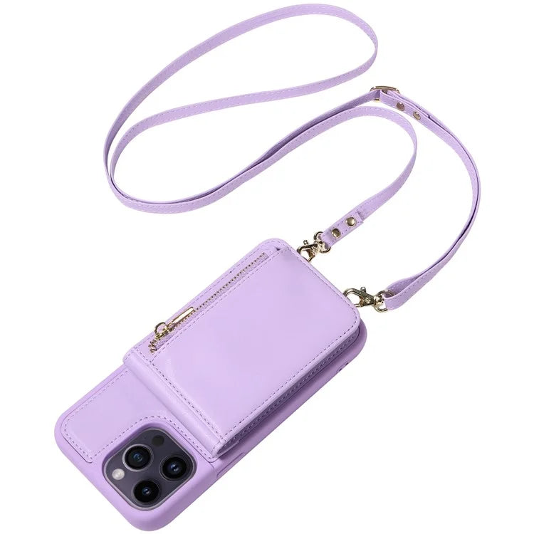For iPhone 14 Pro Max Case Zipper Kickstand RFID Blocking PU+TPU Phone Cover