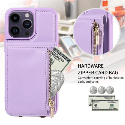 For iPhone 14 Pro Max Case Zipper Kickstand RFID Blocking PU+TPU Phone Cover